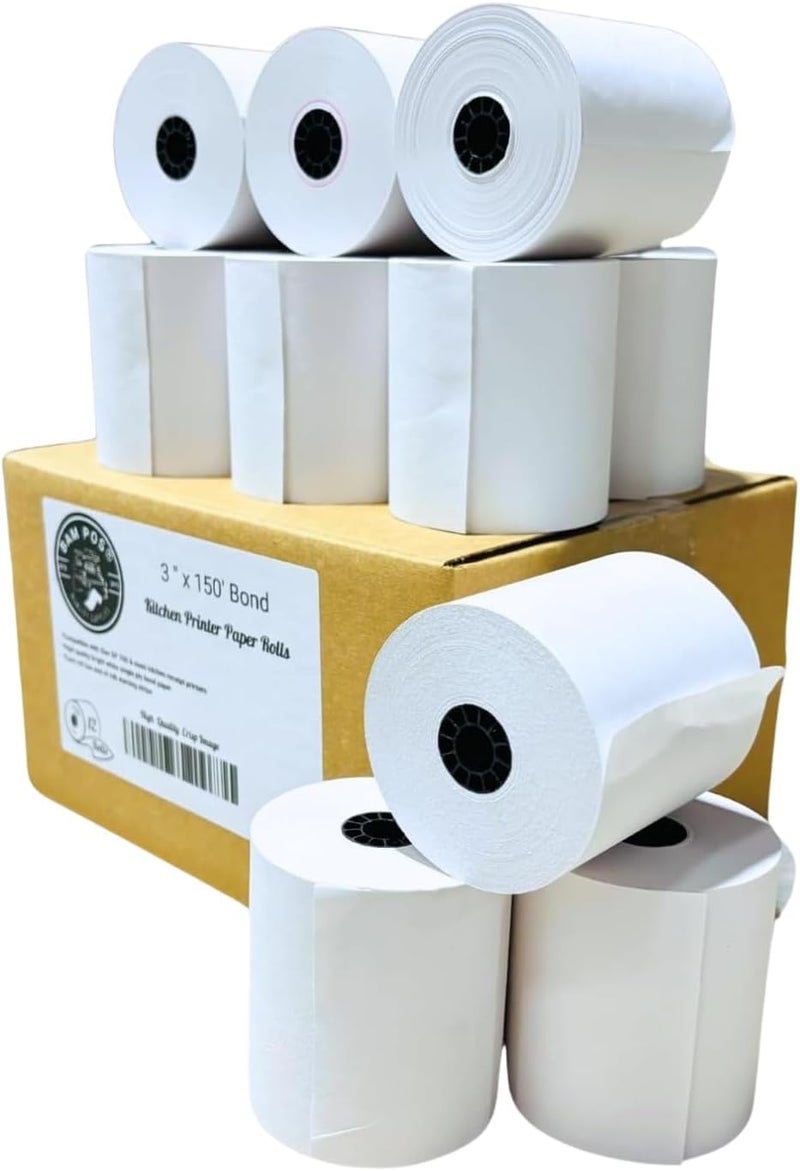 BAM POS Bright White 3"" x 150' 1-Ply Bond Receipt Paper Rolls (12 Rolls) - Image 1